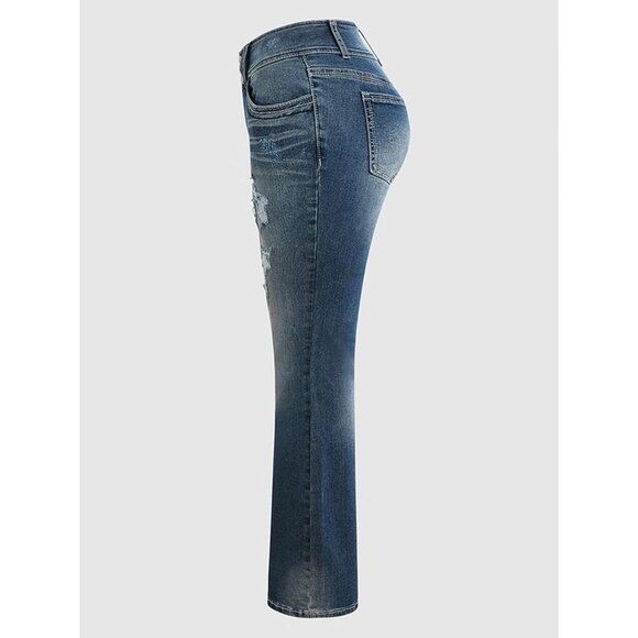 Women’s Ripped Wide Leg Jeans Low Rise Stretch Denim Plus Size Pants - Picture 7 of 9